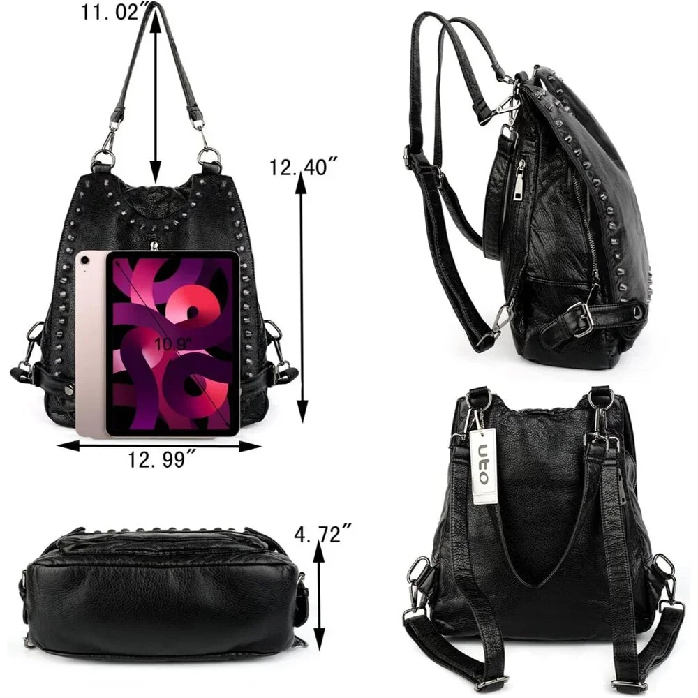 Women Black PU Leather Rivet Studded Convertible Backpack Purse